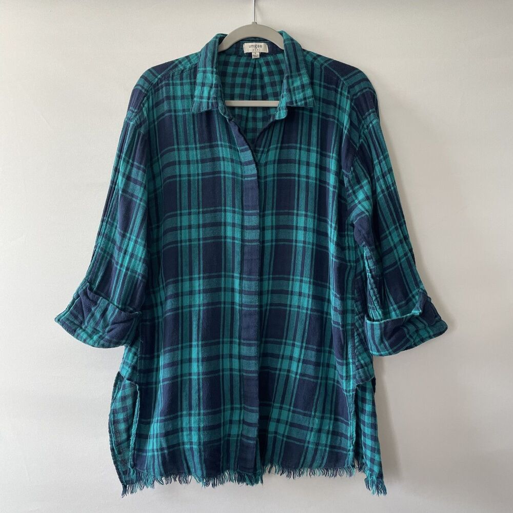 Umgee Plaid Collared Roll Tab 3/4 Sleeve Tunic Top Blue Green Size S-dmpv